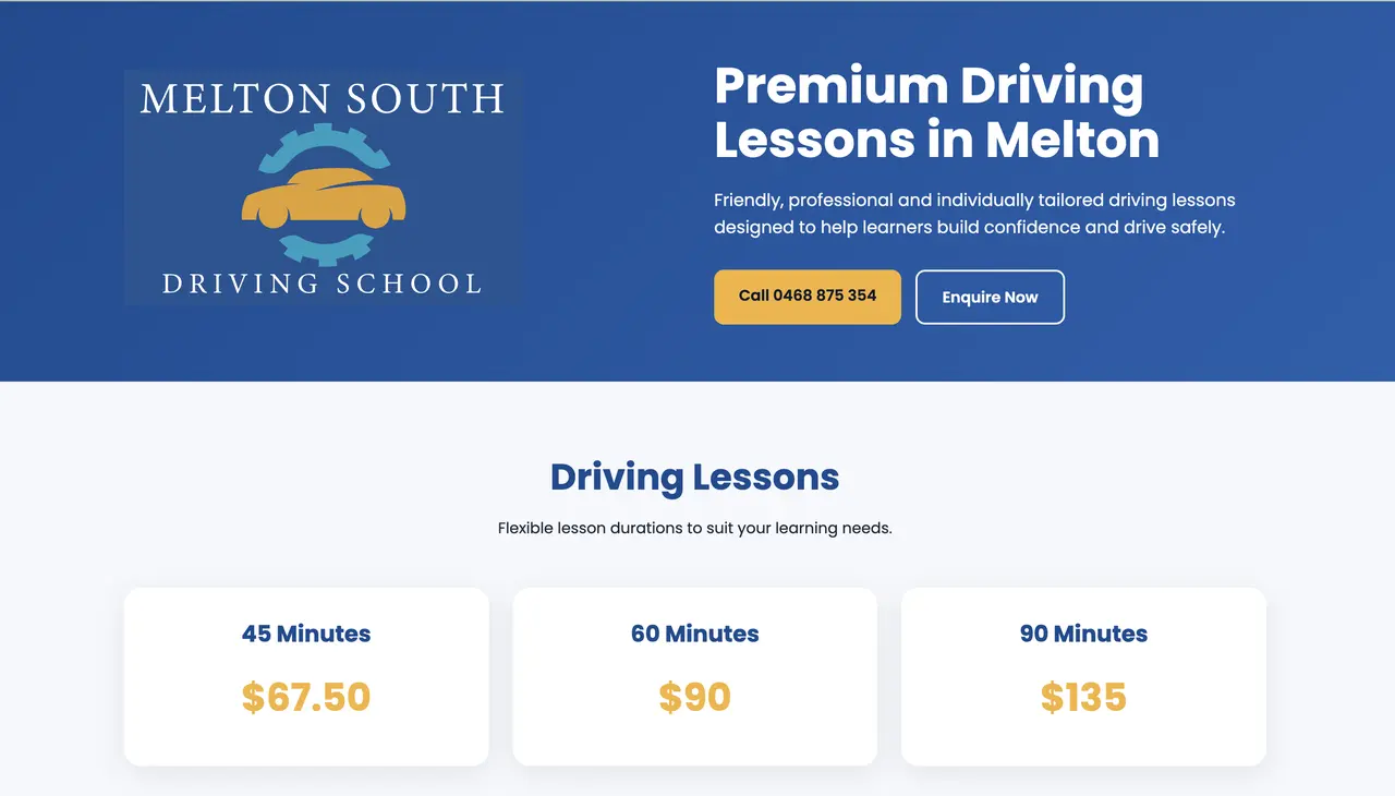 Melton South Driving School website homepage