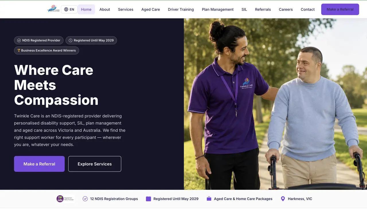 Twinkle Care NDIS provider website homepage