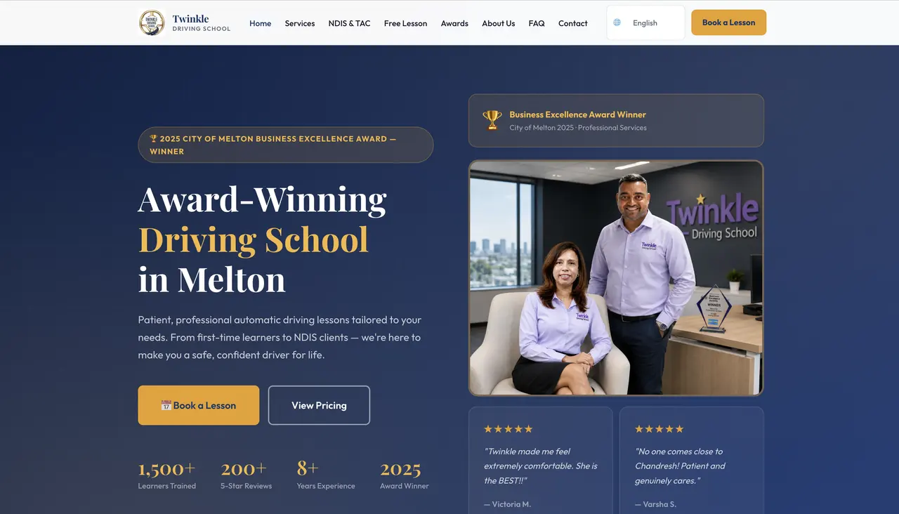 Twinkle Driving School website homepage
